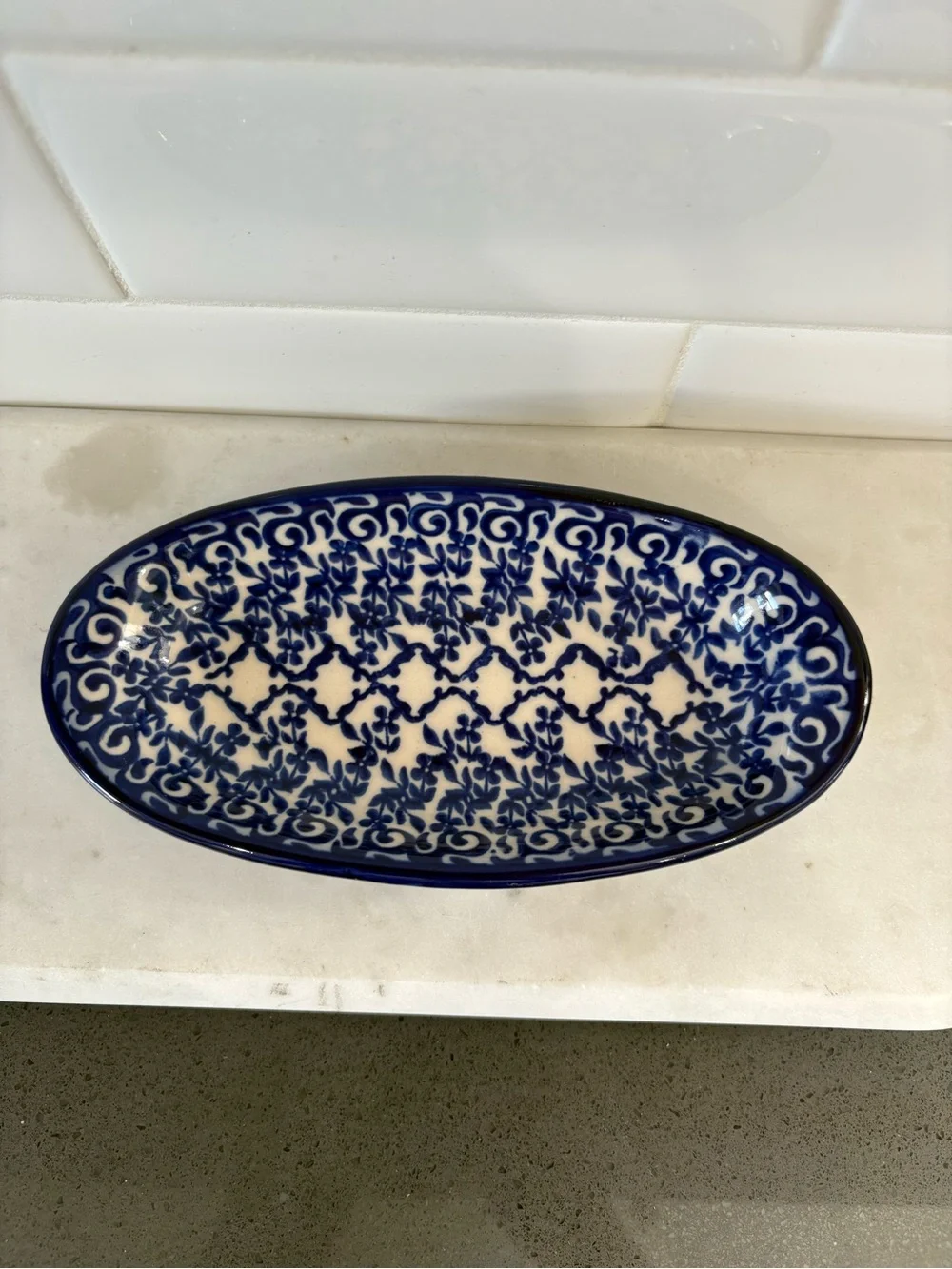 Ceramic Decorative Serving Dish - Blue and White Oval